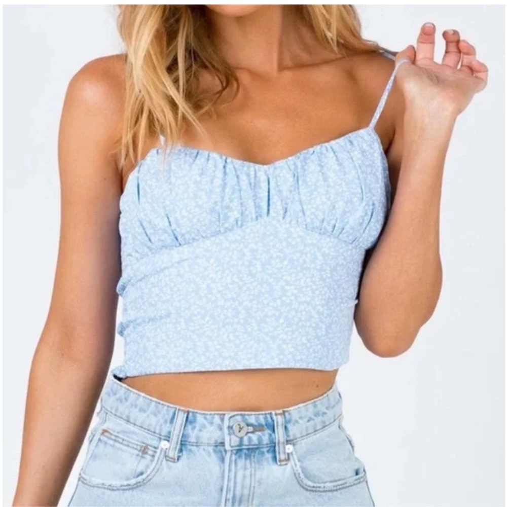 blue princess polly tank top with white floral designs in us size 0